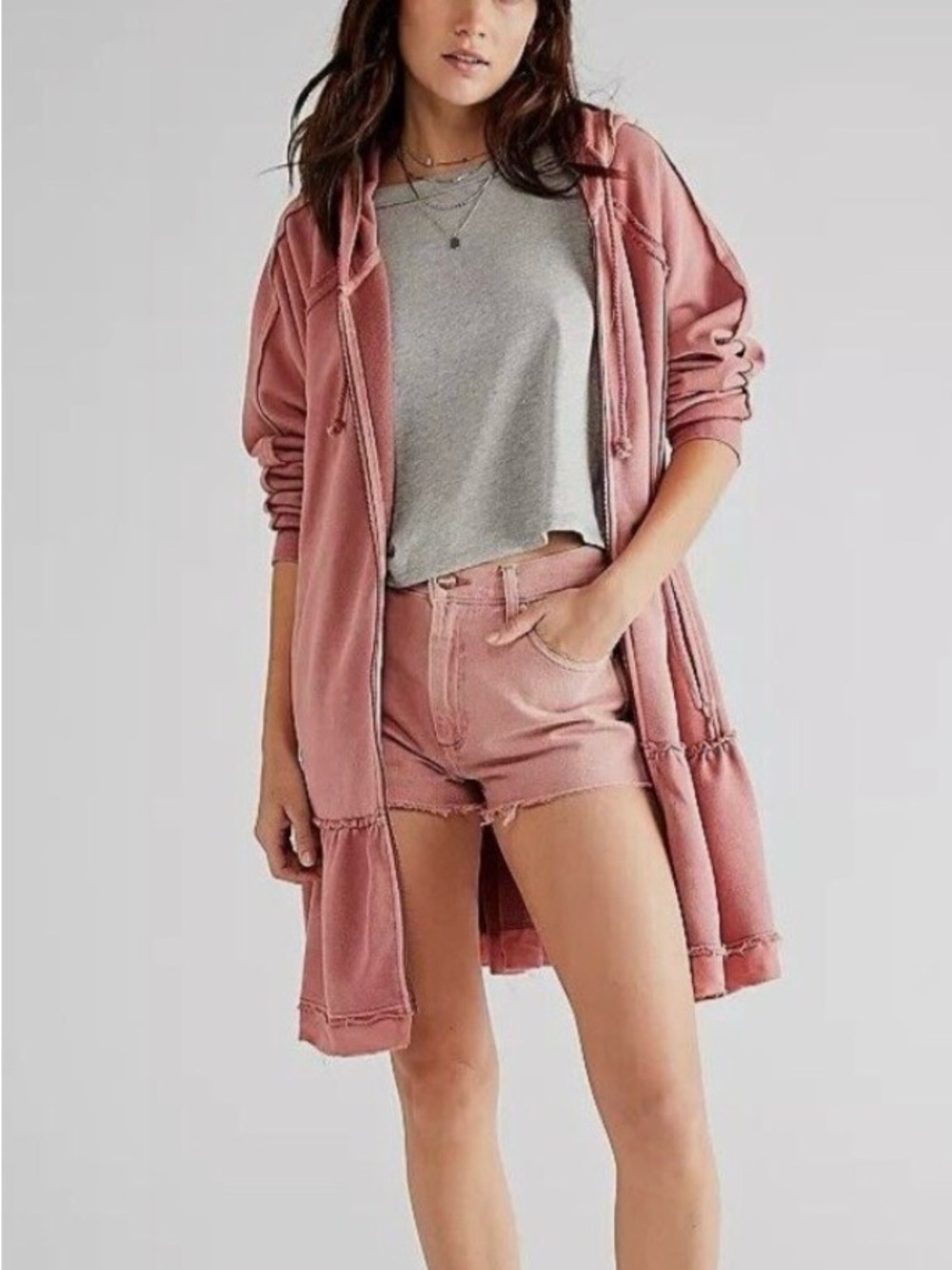 Free People Lavender/white Kara Cardi Hoodie with Metal Zipper